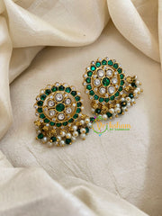 Precious Jadau Kundan Studs-Green White-Green Beads and Pearls -J1473