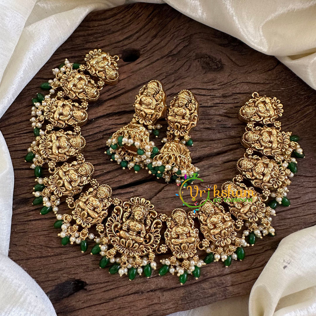 Premium Antique Lakshmi Choker Short Neckpiece-Green Bead Pearl-G10291