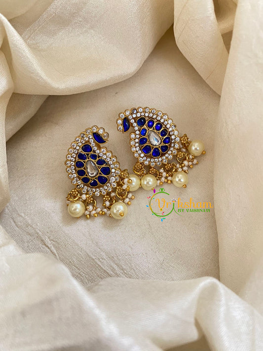 Precious Jadau Kundan Studs-Paisley-Blue -Pearls-J1477