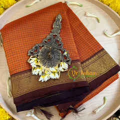 Orange Podi Kattam Silk Cotton Saree - Kattam and Checks Handloom -VS3181