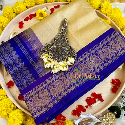 Sandal Yellow with Blue Silk Cotton Saree -Handloom -VS3195