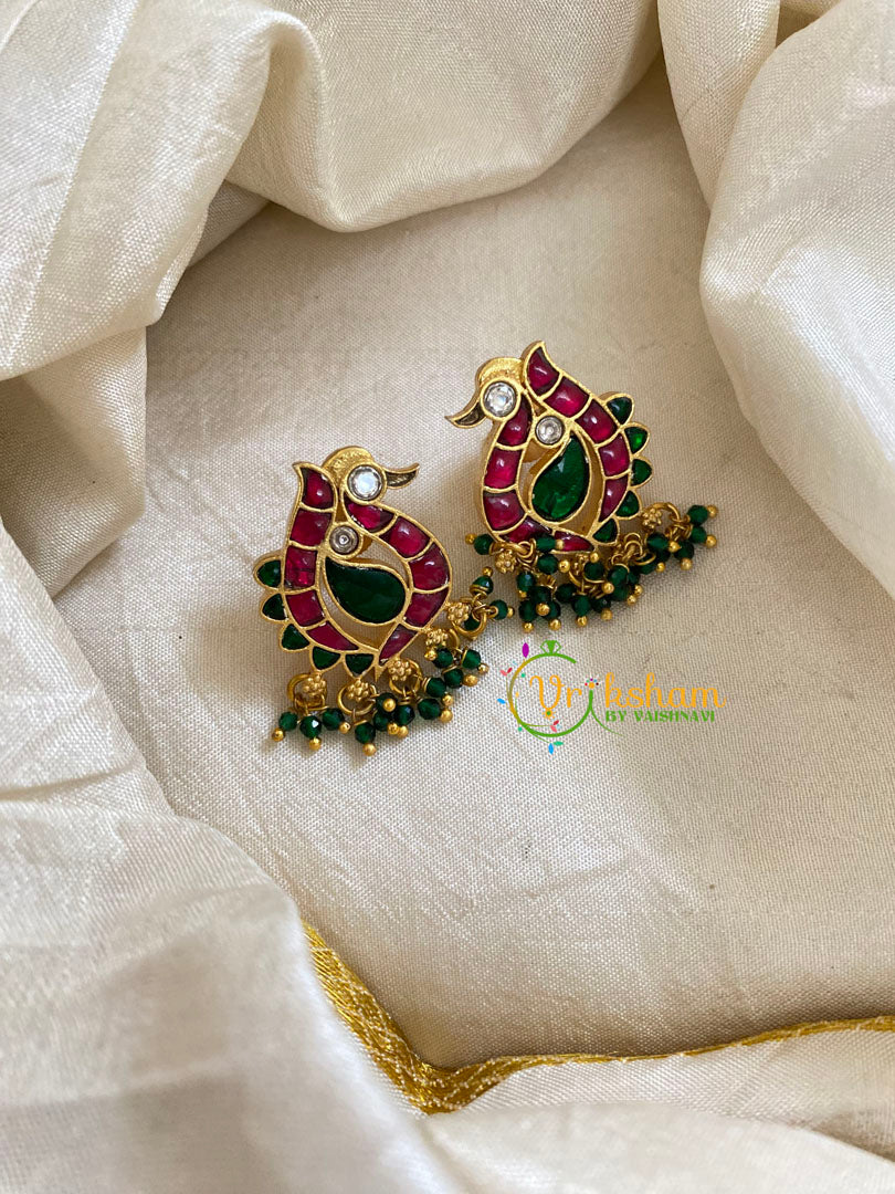 Precious Jadau Kundan Studs -Peacock-Green Bead-J1458