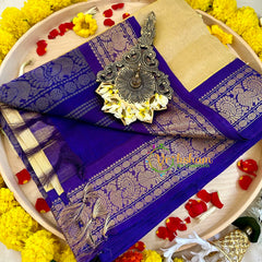 Sandal Yellow with Blue Silk Cotton Saree -Handloom -VS3195
