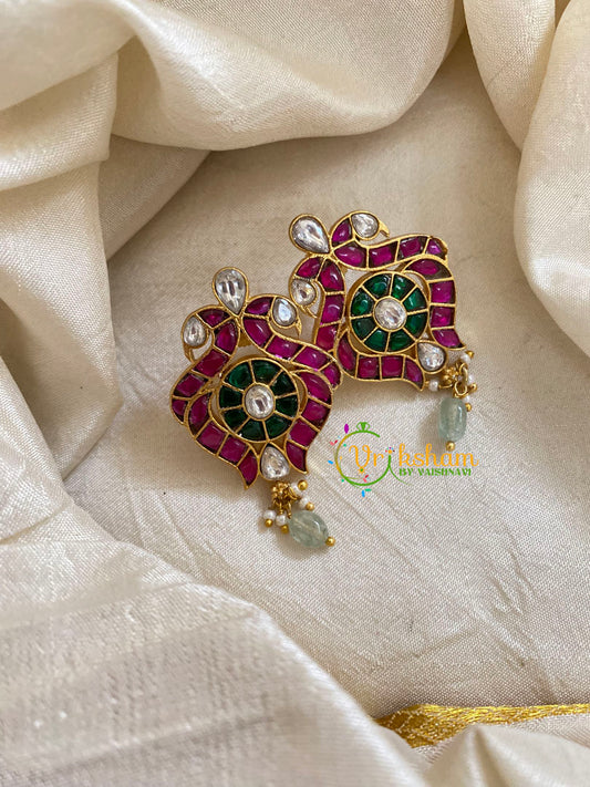 Precious Jadau Kundan Studs -Dual Peacocok-Pastel Green Bead-J1469