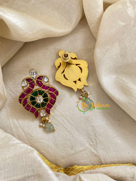 Precious Jadau Kundan Studs -Dual Peacocok-Pastel Green Bead-J1469