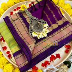 Lime Green Muththu Kattam Silk Cotton Saree - Kattam and Checks Handloom -VS3183