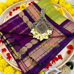 Lime Green Muththu Kattam Silk Cotton Saree - Kattam and Checks Handloom -VS3183