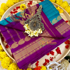 Aqua Blue Muththu Kattam Silk Cotton Saree - Kattam and Checks Handloom -VS3185