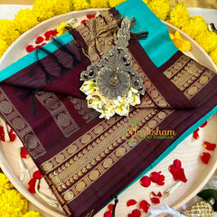 Aqua Blue with Brown Silk Cotton Saree -Handloom -VS3199