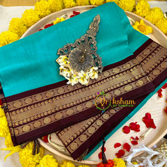 Aqua Blue with Brown Silk Cotton Saree -Handloom -VS3199