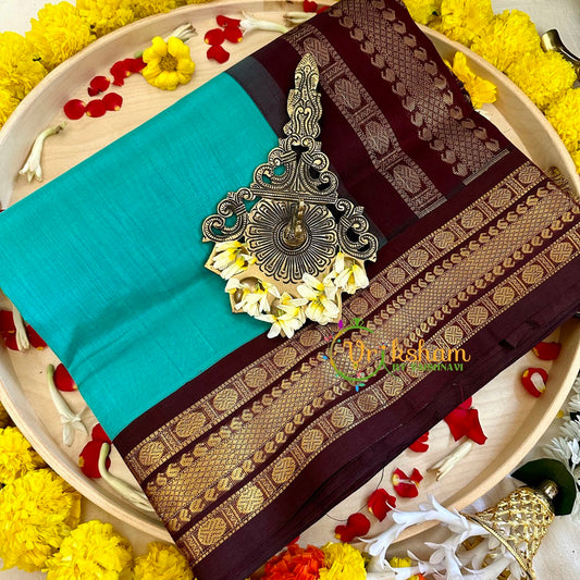 Aqua Blue with Brown Silk Cotton Saree -Handloom -VS3199