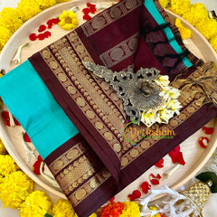 Aqua Blue with Brown Silk Cotton Saree -Handloom -VS3199