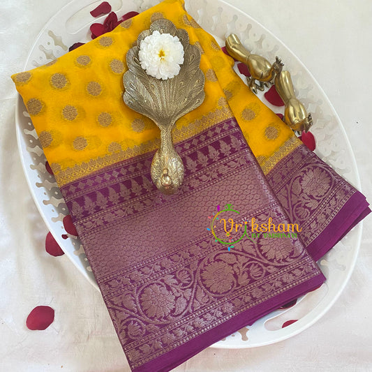 Yellow with Purple Kora Organza Soft Silk Saree-VS2261