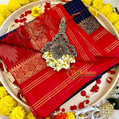 Dark Blue Muththu Kattam Silk Cotton Saree with Pure Silk Border - Kattam and Checks Handloom -VS3187