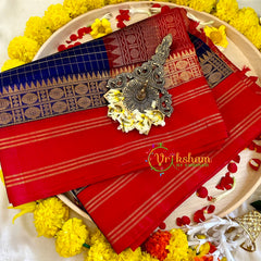 Dark Blue Muththu Kattam Silk Cotton Saree with Pure Silk Border - Kattam and Checks Handloom -VS3187