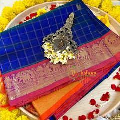 Blue Muthtu Kattam Silk Cotton Saree - Kattam and Checks Handloom -VS3193
