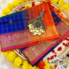 Blue Muthtu Kattam Silk Cotton Saree - Kattam and Checks Handloom -VS3193