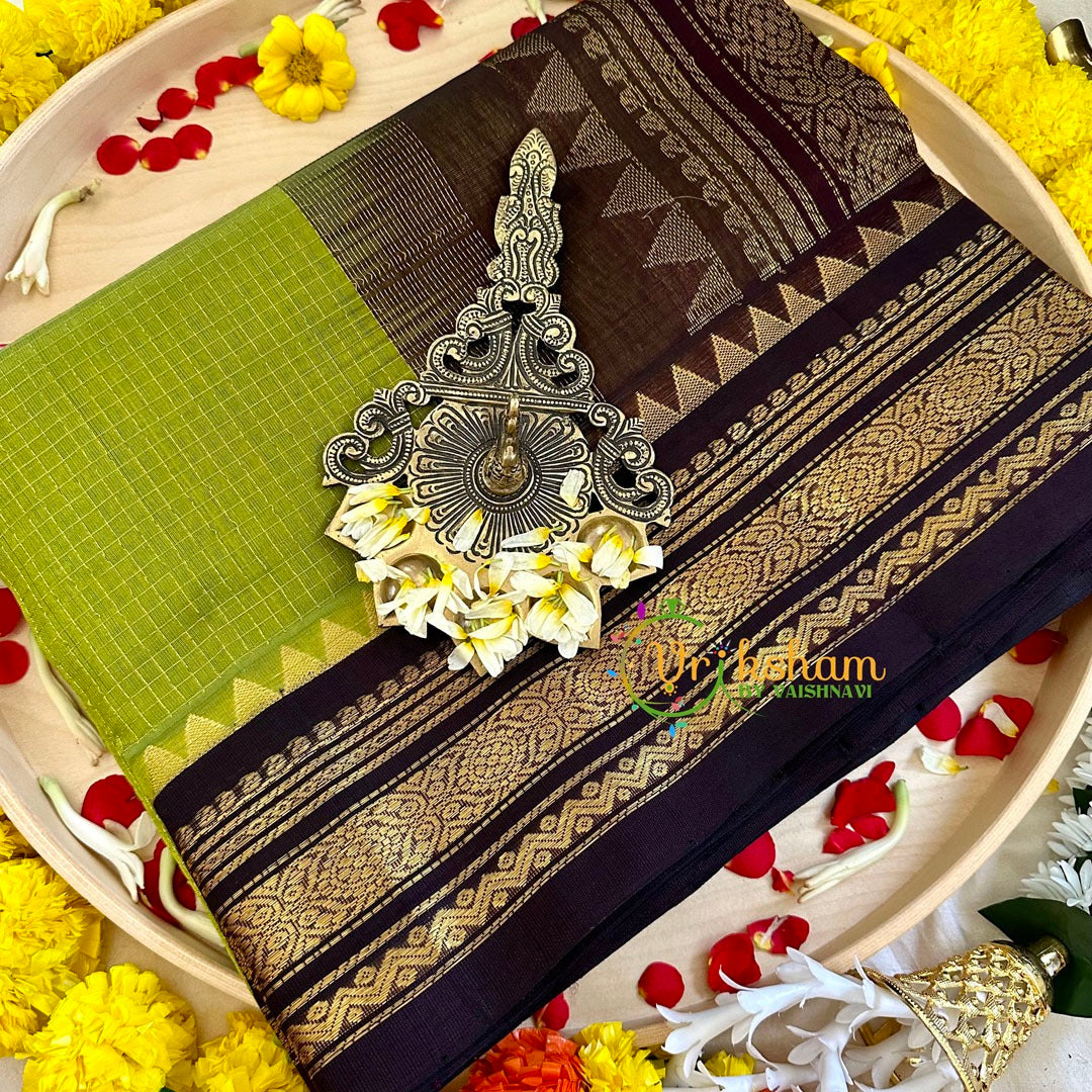 Lime Green Podi Kattam Vairaoosi Silk Cotton Saree - Kattam and Checks Handloom -VS3191