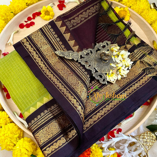 Lime Green Podi Kattam Vairaoosi Silk Cotton Saree - Kattam and Checks Handloom -VS3191