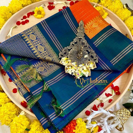 Saffron Muthtu Kattam Silk Cotton Saree with Pure Silk Border - Kattam and Checks Handloom -VS3189