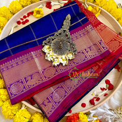 Royal Blue Mayil Kattam Silk Cotton Saree - Kattam and Checks Handloom -VS3190