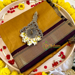 Mustard Yellow with Deep Maroon Border Silk Cotton Saree -Handloom -VS3205