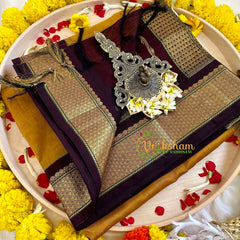 Mustard Yellow with Deep Maroon Border Silk Cotton Saree -Handloom -VS3205