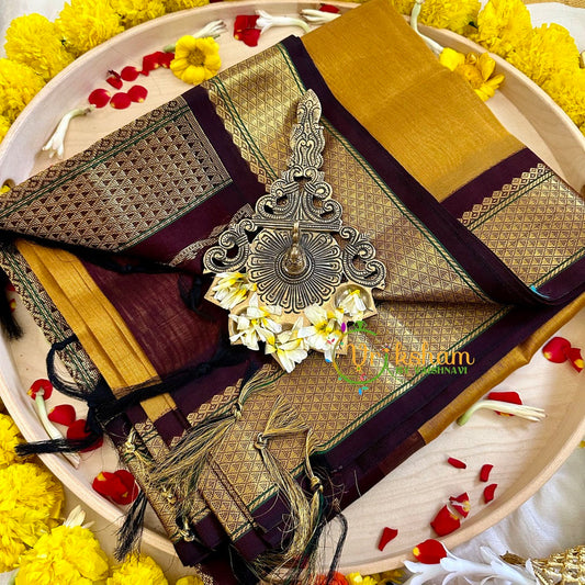 Mustard Yellow with Deep Maroon Border Silk Cotton Saree -Handloom -VS3205