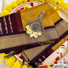 Mustard Yellow with Deep Maroon Border Silk Cotton Saree -Handloom -VS3205