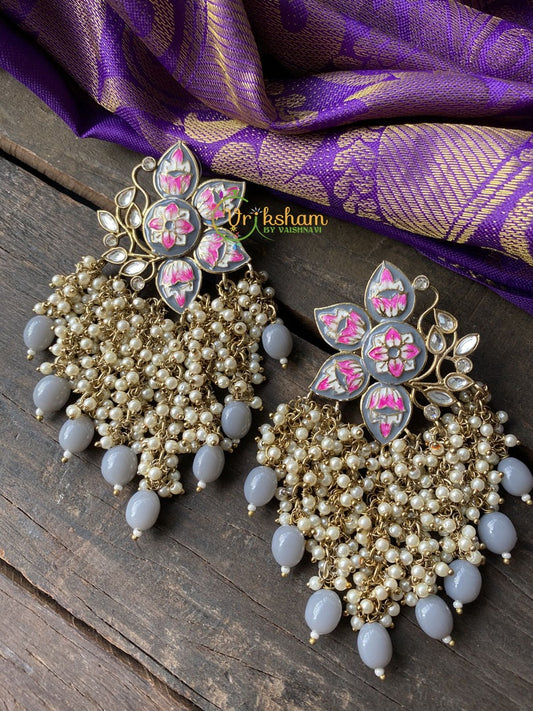 Meenakari Cluster Pearl Earrings -Grey -G113