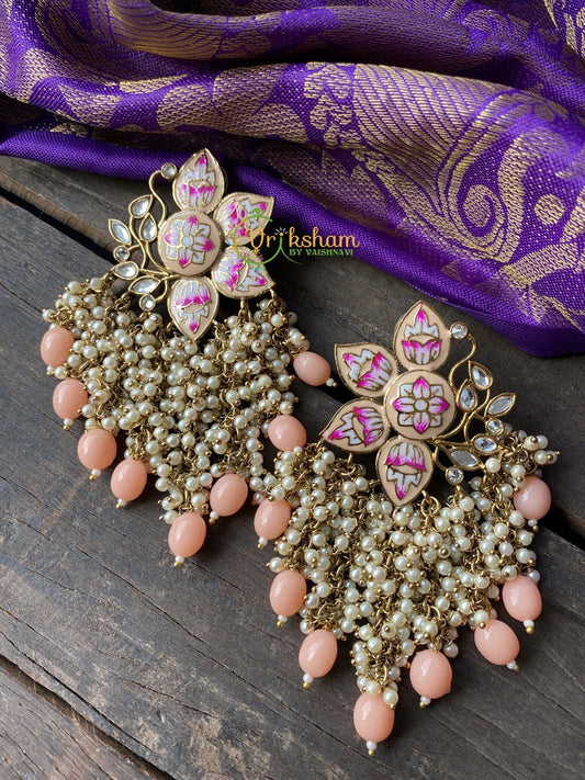 Meenakari Cluster Pearl Earrings -Pale Orange -G106