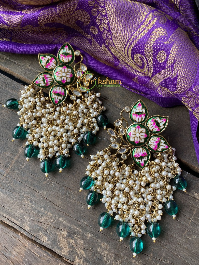 Meenakari Cluster Pearl Earrings -Green -G107
