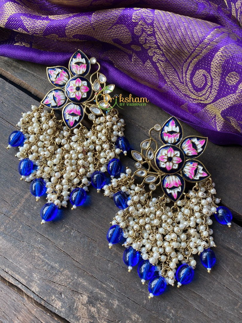 Meenakari Cluster Pearl Earrings -Blue -G108