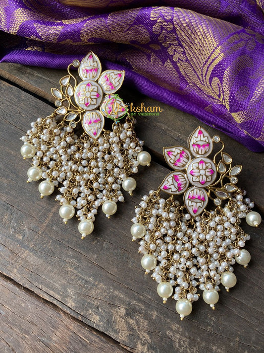 Meenakari Cluster Pearl Earrings -White -G109