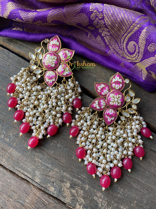 Meenakari Cluster Pearl Earrings -Maroon -G112