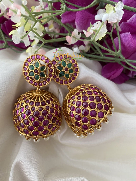 Precious Kemp Jumbo Jhumkas -Red Green -G2474