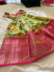 Pichwai Indian Traditional Dress for Girls-Lime Yellow with Pink Red -VS905