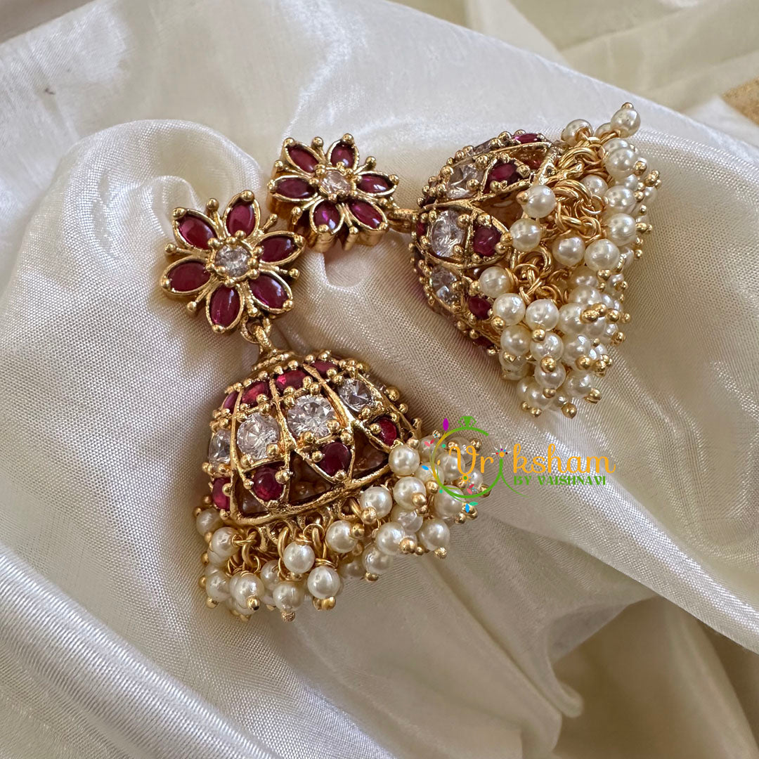 Red And White Stone Earrings Gold Tone Round Red-white Stone