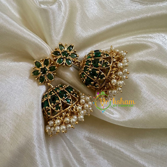 Premium AD Stone Jhumkas -Green - G10405