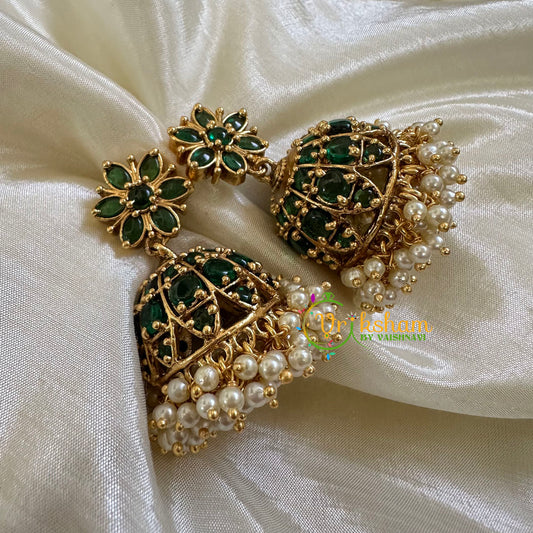 Premium AD Stone Jhumkas -Green - G10405