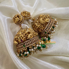 Premium Peacock AD Stone Jhumkas -Green Bead Pearl -G10409