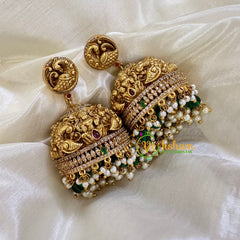 Premium Peacock AD Stone Jhumkas -Green Bead Pearl -G10409