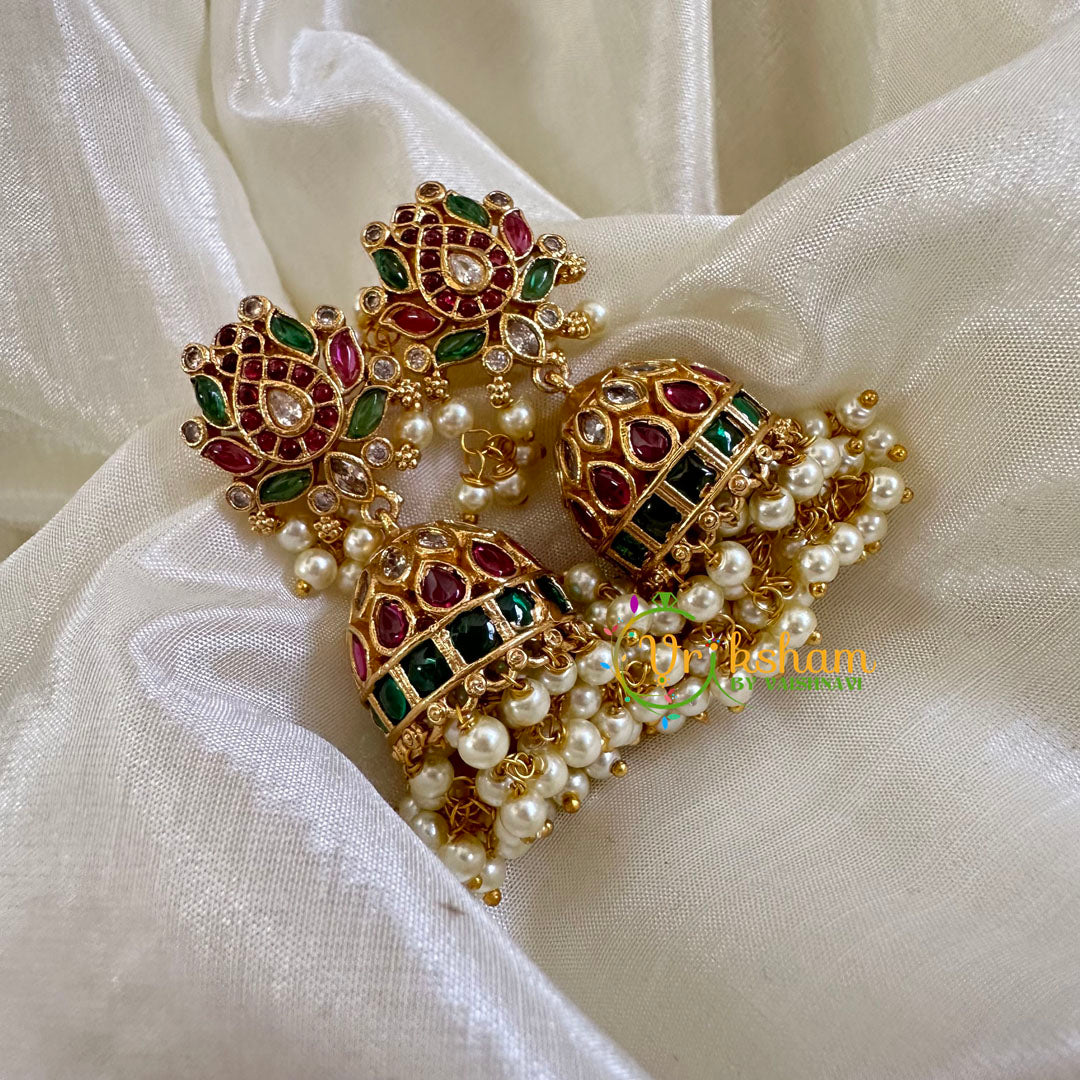 Premium Lotus AD Stone Jhumkas -Pearl- G10401