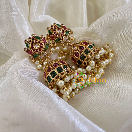 Premium Lotus AD Stone Jhumkas -Pearl- G10401