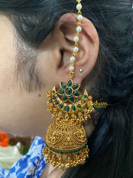 Traditional Floral Jhumkas with Maatil-Green-G3142