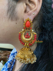 Premium Stone Traditional Jumbo Jhumkas-Orange-G3125