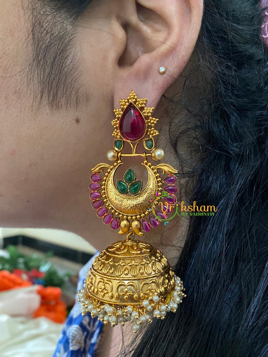 Premium Stone Traditional Jumbo Jhumkas-Red Green-G3121