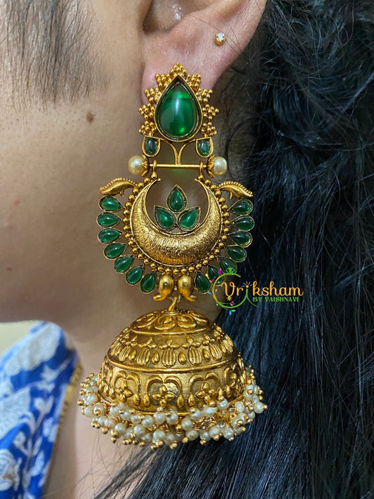 Premium Stone Traditional Jumbo Jhumkas-Green-G3122