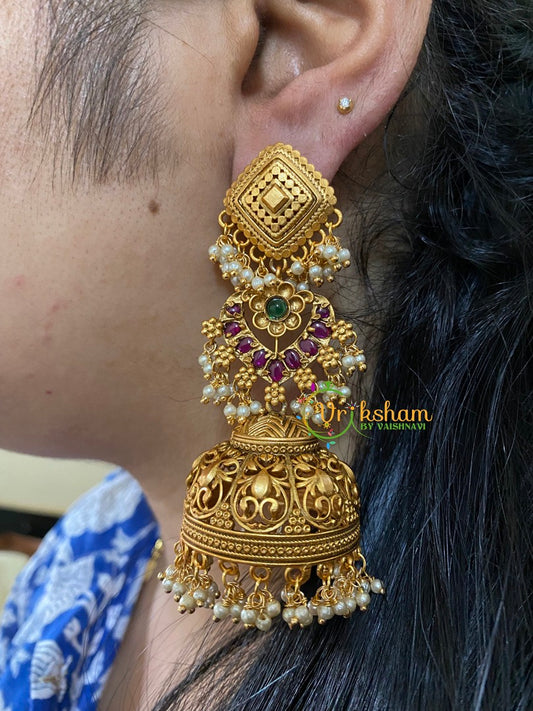 Traditional Three Tier Long Jhumkas-Red Green-G3145