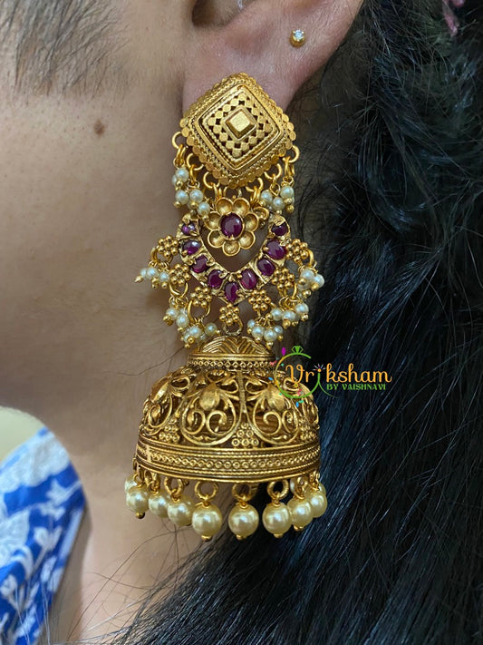 Traditional Three Tier Long Jhumkas-Red-G3144